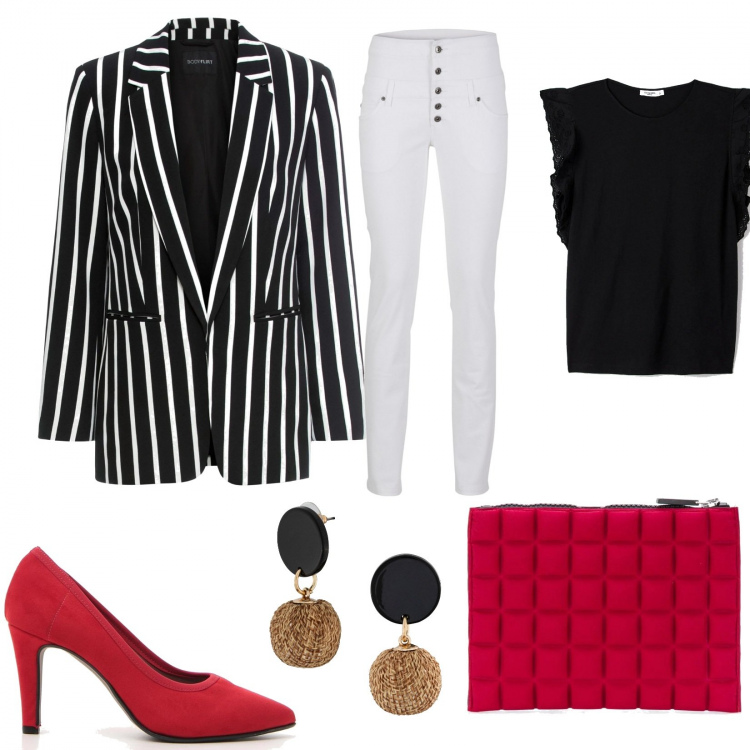 Outfit donna - Rock #2420. Stile Rock per Serata fuori. Abbinamento con blazer, orecchini, pantaloni skinny, t-shirt, clutch, décolleté.
