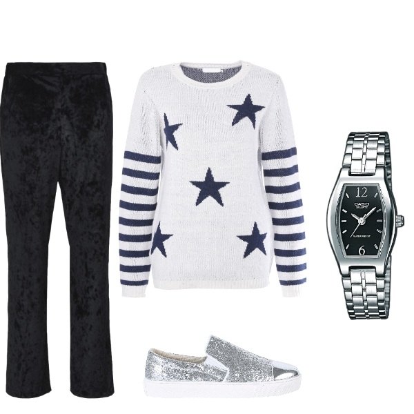 Outfit donna - Basic #7321. Stile Basic per Tutti i giorni. Abbinamento con pantalone, pullover, sneakers slip on effetto metallizzato interno in tessuto in pelle sintetica, orologio analogico con cinturino in ottone.