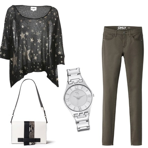 Outfit donna - Trendy #11351. Stile Trendy per Tutti i giorni. Abbinamento con pullover, borsa a tracolla con zip e tasca interna nero e bianco, orologio grigio e bianco.