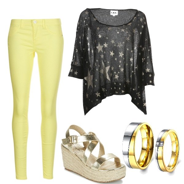 Outfit donna - Bon Ton #5236. Stile Bon Ton per Serata fuori. Abbinamento con pantalone giallo, sandali oro, anello con fasce in acciaio inox, pullover.