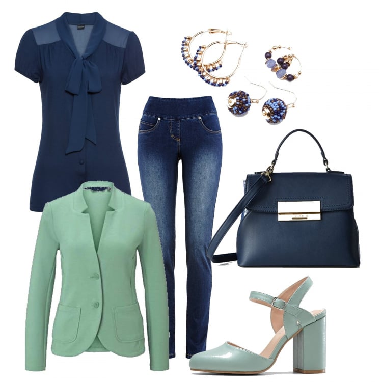 Outfit donna - Bon ton anche in jeans. Stile Bon Ton per Ufficio. Abbinamento con jeans slim fit, bluse, décolleté, orecchini, blazer, borse a mano.