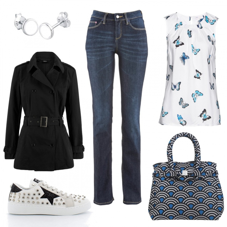 Outfit donna - Il trench. Stile Trendy per Tutti i giorni. Abbinamento con jeans dritti, trench, top, borse a mano, sneakers, orecchini.