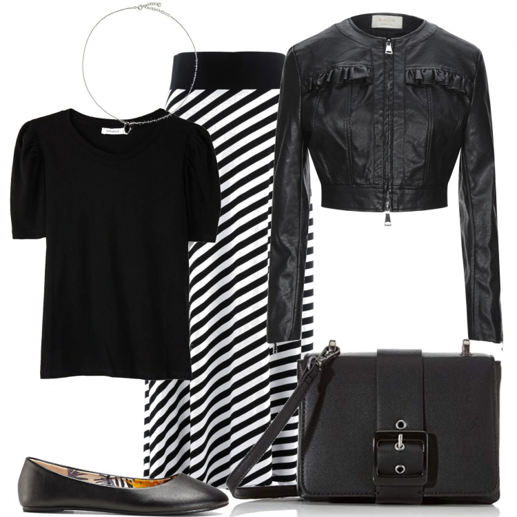 Outfit donna - Gonna lunga e ballerine. Stile Trendy per Tutti i giorni. Abbinamento con ballerine, gonne lunghe, giacche, t-shirt, borse a tracolla, collane.