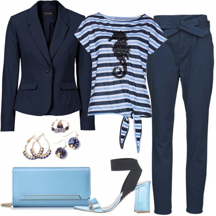 Outfit donna - Tacco comodo per serata fuori. Stile Basic per Serata fuori. Abbinamento con blazer, maglieria, sandali col tacco, pantaloni, orecchini, borse a tracolla.