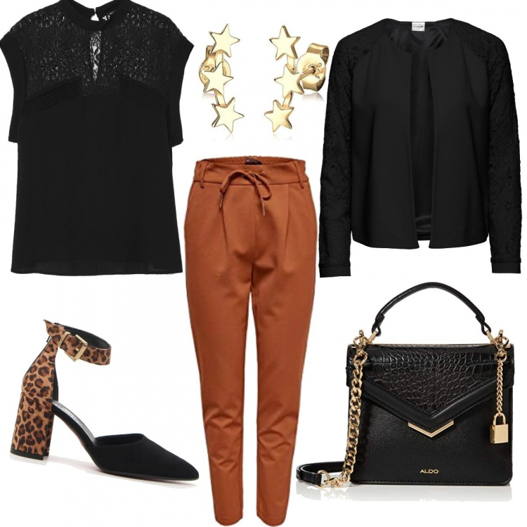 Outfit donna - Dettaglio animalier (Curvy). Stile Trendy per Serata fuori. Abbinamento con blazer, bluse, pantaloni, borse a mano, décolleté, orecchini.