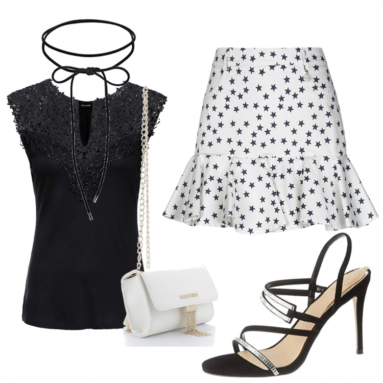 Outfit donna - Chic sul lungomare. Stile Chic per Serata fuori. Abbinamento con top, minigonne, clutch, collane, sandali col tacco.