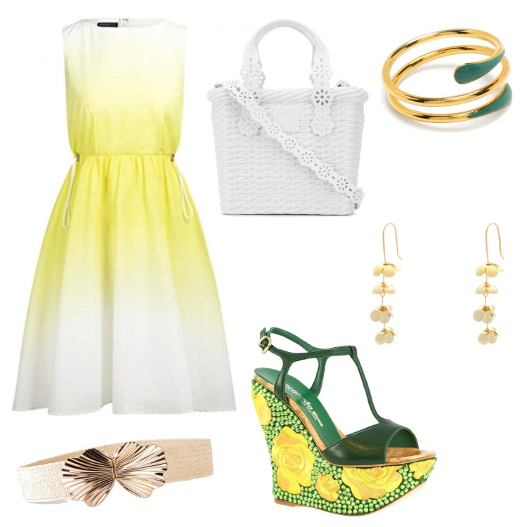 Outfit donna - Scarpe al centro. per Ufficio. Abbinamento con cinture, orecchini, zeppe, anelli, borse tote, vestiti.