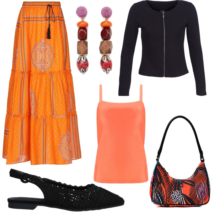 Outfit donna - Boho Arancione Nero. Stile Etnico per Tutti i giorni. Abbinamento con gonne lunghe, ballerine, giacche, orecchini, canottiere, borse a spalla.
