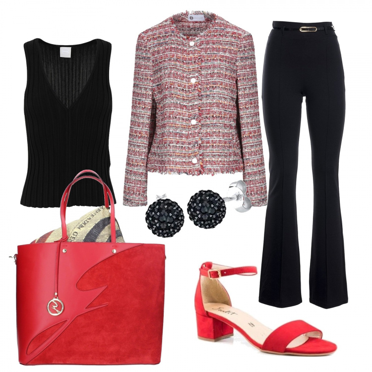 Outfit donna - Trendy #30432. Stile Trendy per Ufficio. Abbinamento con blazer, top, pantaloni, sandali, shopping bag, orecchini.