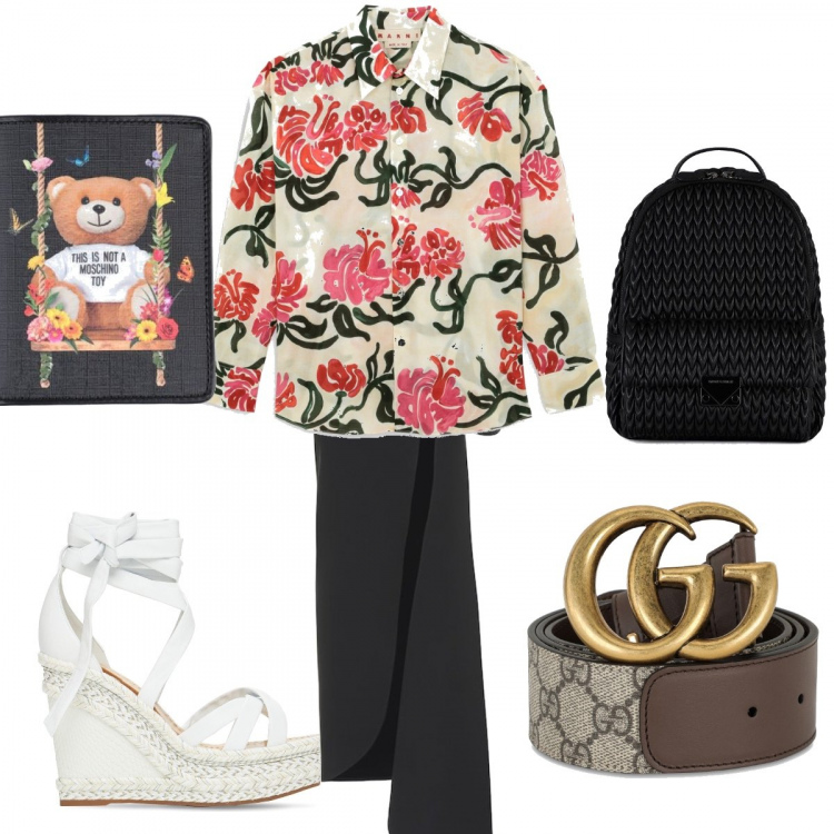 Outfit donna - Donna fashion. Stile Chic per Ufficio. Abbinamento con portafogli, zaini, gonne lunghe, cinture, zeppe, camicie.