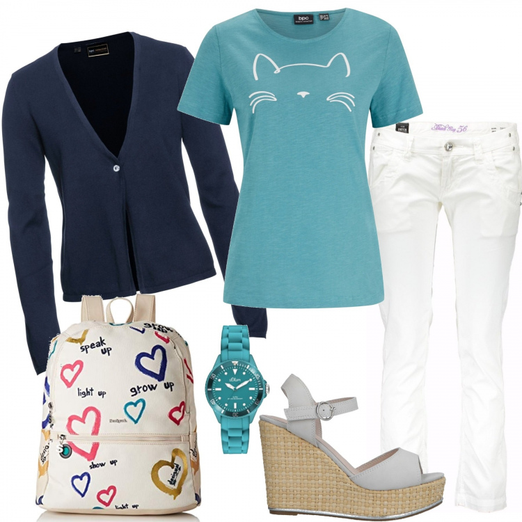 Outfit donna - Molto felice. Stile Urban per Tutti i giorni. Abbinamento con t-shirt, cardigans, sandali col tacco, pantaloni, zaini, orologi.