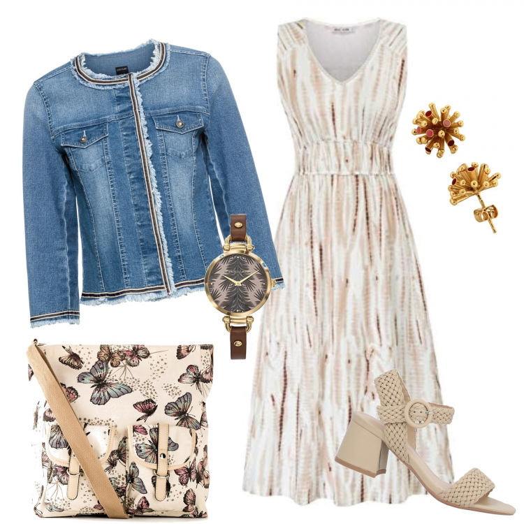 Outfit donna - L\'abito romantico. Stile Chic per Tutti i giorni. Abbinamento con sandali col tacco, borse a tracolla, giacche, vestiti senza maniche, orecchini, orologi analogici.