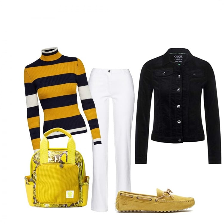 Outfit donna - Il colore giallo. Stile Trendy per Ufficio. look ideale per Petite. Abbinamento con pantaloni, zaini, maglioni, cappotti, mocassini.