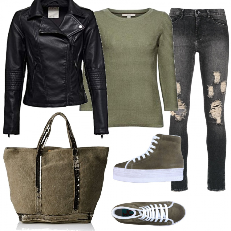 Outfit donna - Trendy #30585. Stile Trendy per Tutti i giorni. Abbinamento con sneakers, jeans strappati, blazer, maglioni, borse tote.