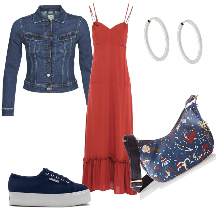 Outfit donna - Trendy #30586. Stile Trendy per Tutti i giorni. Abbinamento con vestiti lunghi, sneakers, blazer, orecchini, borse a tracolla.