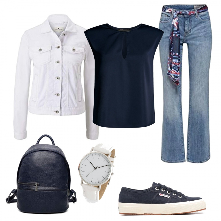 Outfit donna - Basic #18373. Stile Basic per Tutti i giorni. Abbinamento con orologi analogici, sneakers, jeans bootcut, top, giacche, zaini.