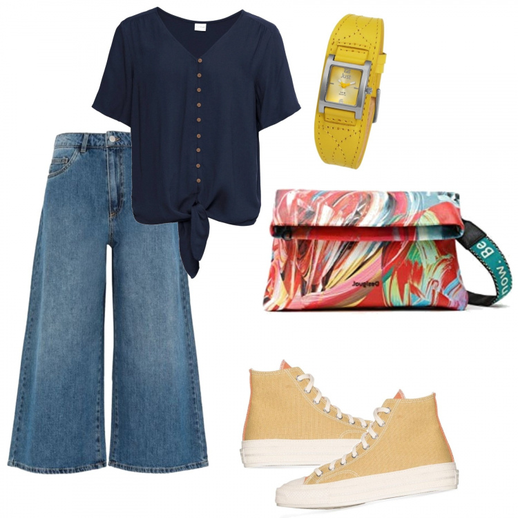 Outfit donna - Basic #18375. Stile Basic per Tutti i giorni. Abbinamento con camicie, jeans, sneakers alte, borse a tracolla, orologi.