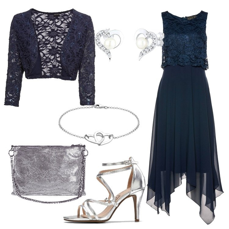 Outfit donna - Blu e silver per la cerimonia. Stile Chic per Cerimonia. Abbinamento con vestiti midi/longuette, bolero, sandali col tacco, borse a tracolla, orecchini, braccialetti.