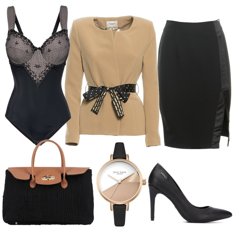 Outfit donna - Riunione importante. Stile Bon Ton per Ufficio. Abbinamento con body, borse a mano, gonne longuette, blazer, décolleté, orologi.