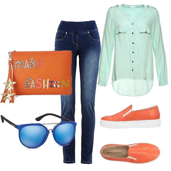 Outfit donna - Un po\' per tutti i giorni. Stile Basic per Tutti i giorni. Abbinamento con jeans slim fit, sneakers tennis, occhiali da sole, blusa in viscosa con bottoni verde, shopping bag.
