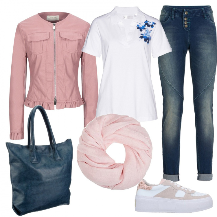 Outfit donna - Jeans, t-shirt e sneakers. Stile Basic per Tutti i giorni. Abbinamento con jeans boyfriend, polo, sneakers, giacche, borse a spalla, sciarpe.