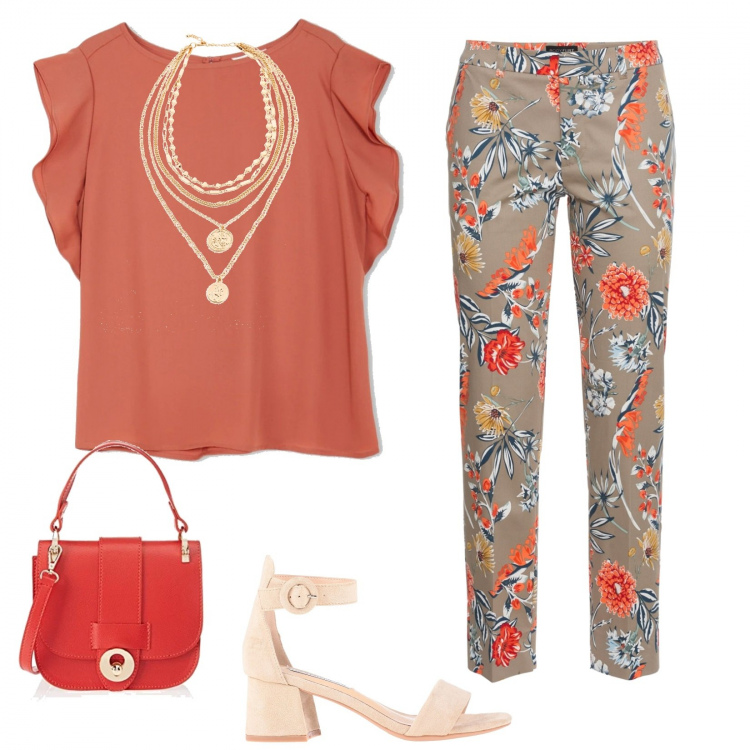 Outfit donna - Un tocco di colore in ufficio. Stile Chic per Ufficio. Abbinamento con pantaloni, collane, sandali in pelle, bluse, borse a mano.