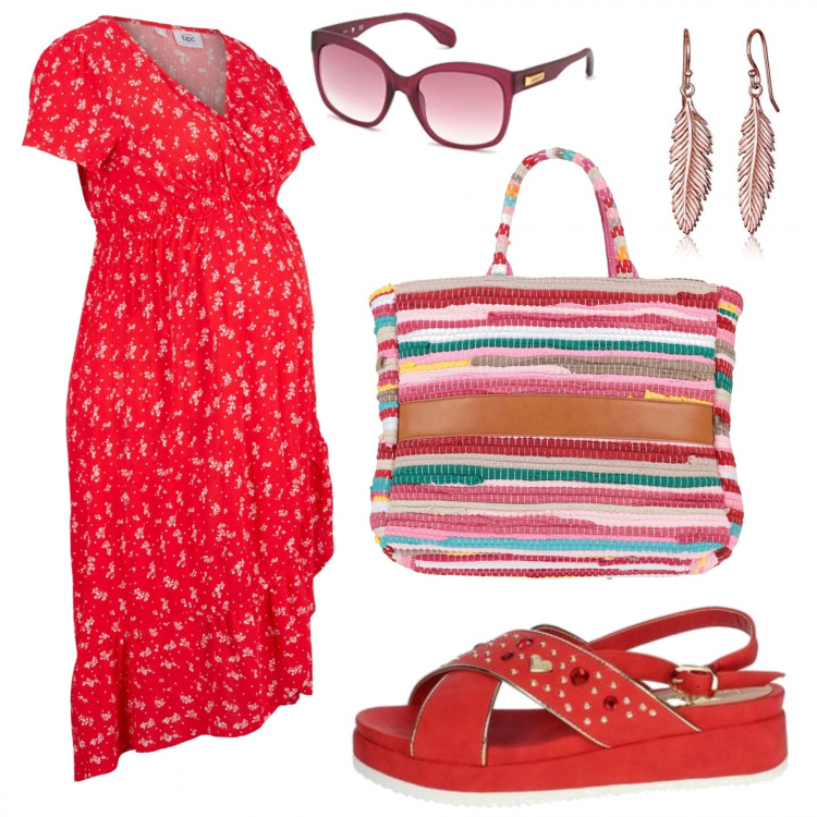Outfit donna - Primavera Boho in Attesa. Stile Etnico per Tutti i giorni. look ideale per Premaman. Abbinamento con vestiti asimmetrici, borse a mano, sandali, occhiali da sole, orecchini.