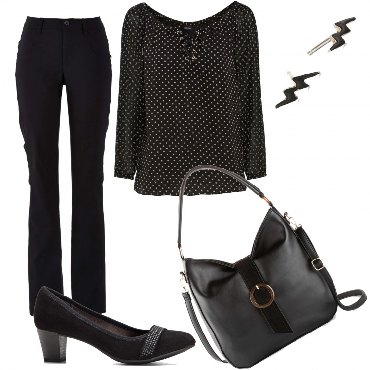Outfit donna - 448- piccolissimi pois. Stile Trendy per Ufficio. Abbinamento con pantaloni, décolleté, bluse, borse a mano, orecchini.