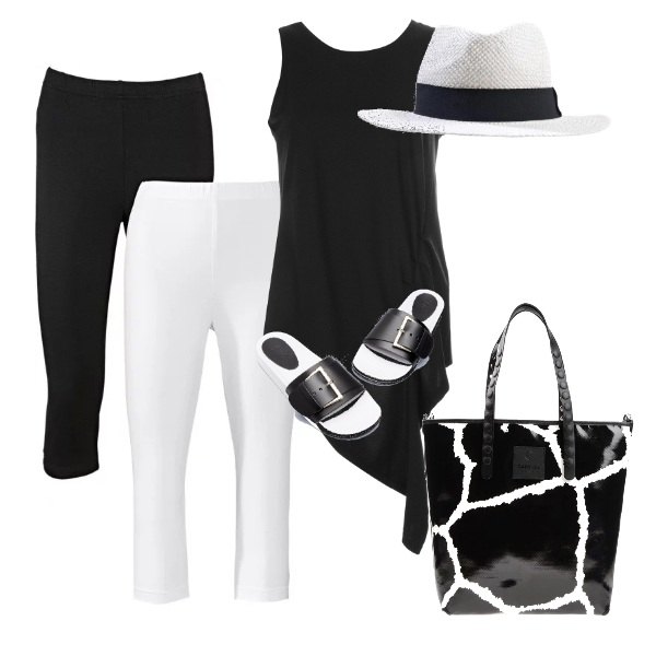 Outfit donna - Basic #7377. Stile Basic per Tutti i giorni. Abbinamento con leggings, borsa a mano maxi fantasia con zip e manico fondo con piedini, orologio con cinturino in pelle sintetica verde, top forma asimmetrica nero, cappello in paglia, ciabatte maxi contrasto con fibbia bianco.