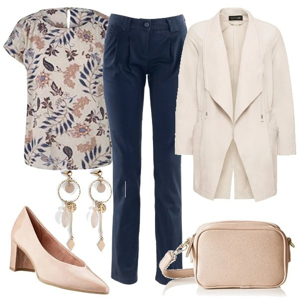 Outfit donna - Eleganza comoda. per Ufficio. Abbinamento con pantaloni chino, orecchini, blazer, bluse, décolleté, borse a tracolla.