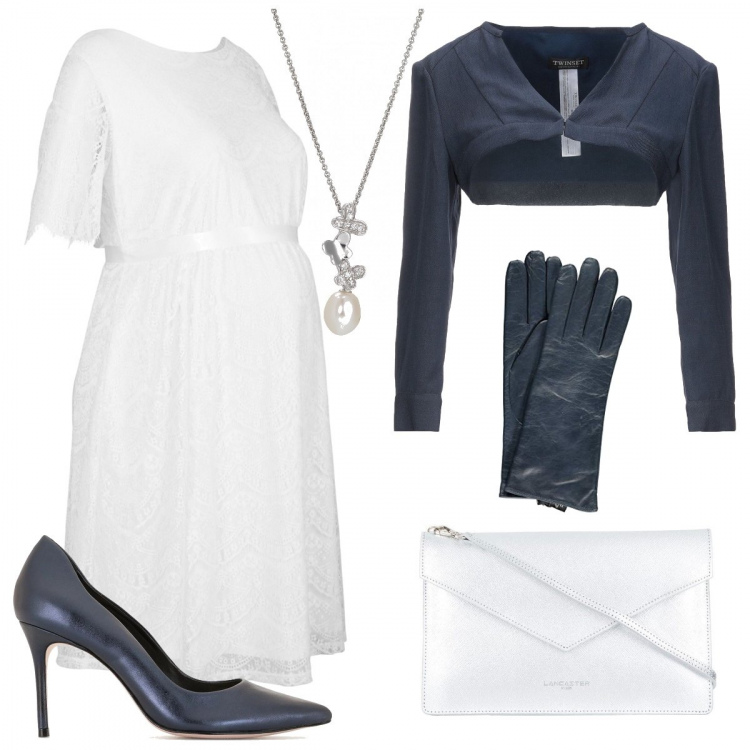 Outfit donna - Sposa incinta. Stile Chic per Cerimonia. look ideale per Premaman. Abbinamento con vestiti, bolero, pochette, décolleté, guanti, collane.