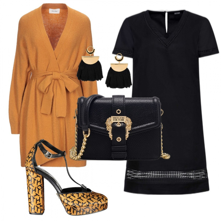 Outfit donna - Slanciata ed elegante. Stile Bon Ton per Serata fuori. Abbinamento con vestiti, cardigans, orecchini, borse a tracolla, scarpe col tacco.