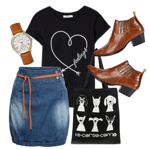 Outfit donna - I love dogs. Stile Trendy per Tutti i giorni. Abbinamento con minigonne, t-shirt, borse tote, stivaletti texani, orologi.