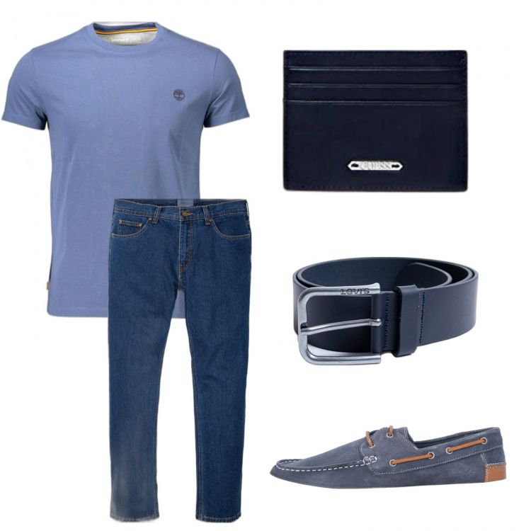 Outfit uomo - Azzurro. Stile Urban per Tutti i giorni. Abbinamento con cinture, scarpe stringate, jeans dritti, portafogli, t-shirt.