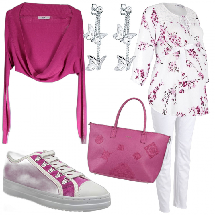 Outfit donna - Primavera premaman. Stile Basic per Tutti i giorni. look ideale per Premaman. Abbinamento con bluse, pantaloni, borse a mano, sneakers, bolero, orecchini.