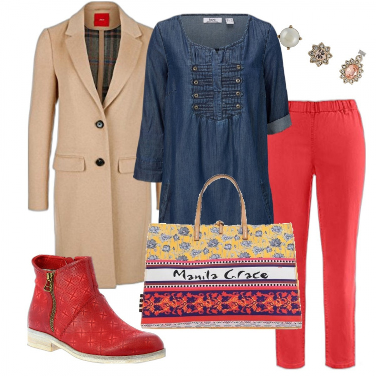 Outfit donna - La blusa in denim. Stile Etnico per Ufficio. Abbinamento con bluse, borse a mano, stivaletti, orecchini, jeggings, cappotti.