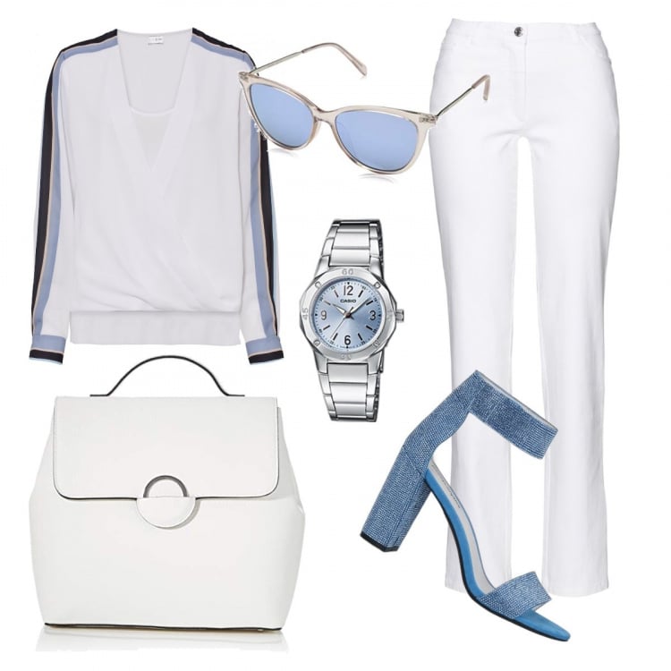 Outfit donna - La blusa bianca con le strisce. Stile Basic per Ufficio. Abbinamento con pantaloni, bluse, sandali in pelle, borse a mano, orologi, occhiali da sole.