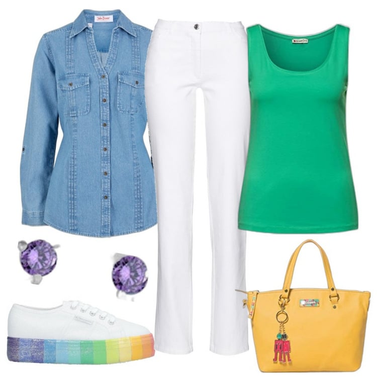 Outfit donna - Camminando sull\'arcobaleno !. Stile Basic per Tutti i giorni. Abbinamento con pantaloni, camicie, sneakers, borse a tracolla, t-shirt, orecchini.