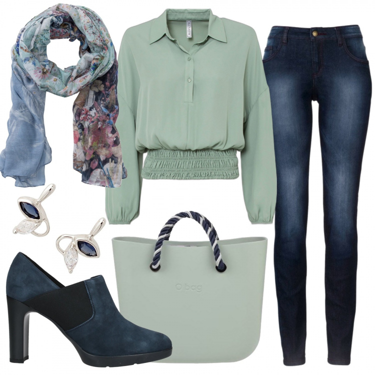Outfit donna - Blu e verde menta. Stile Trendy per Tutti i giorni. Abbinamento con jeans skinny, bluse, scialli, stivaletti, borse a mano, orecchini.