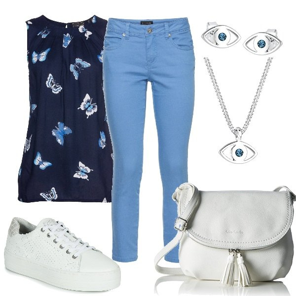 Outfit donna - In compagnia delle Farfalle. Stile Basic per Tutti i giorni. Abbinamento con top, pantaloni, sneakers, borse a tracolla, ciondoli, orecchini.