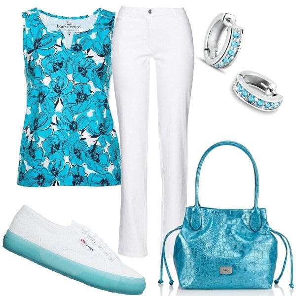Outfit donna - Allegro Turchese. Stile Basic per Tutti i giorni. Abbinamento con pantaloni, top, sneakers, shopping bag, orecchini.