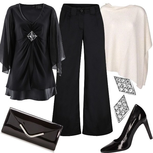 Outfit donna - E torneremo a teatro!. Stile Chic per Serata fuori. Abbinamento con tuniche, pantaloni a palazzo, décolleté, cappotti, orecchini, pochette.