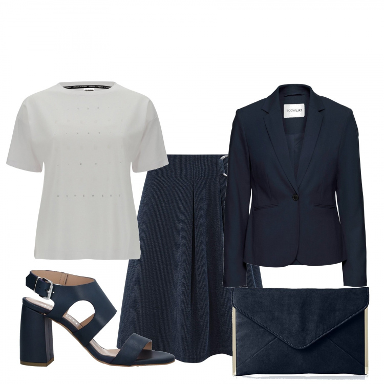 Outfit donna - Bon Ton #9408. Stile Bon Ton per Ufficio. Abbinamento con blazer, sandali col tacco, t-shirt, gonne longuette, pochette.
