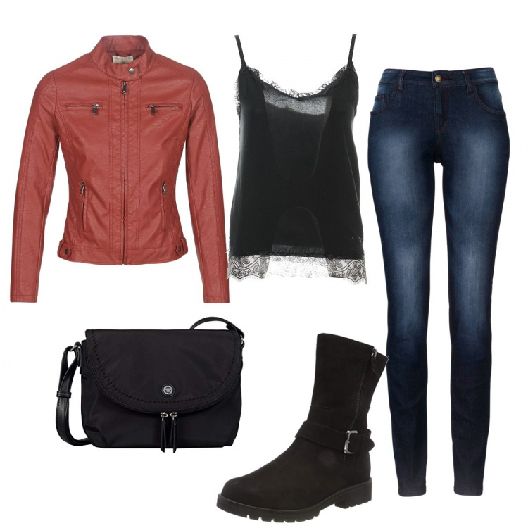 Outfit donna - Urban #10403. Stile Urban per Tutti i giorni. Abbinamento con jeans skinny, top, giacche, stivali, borse a tracolla.