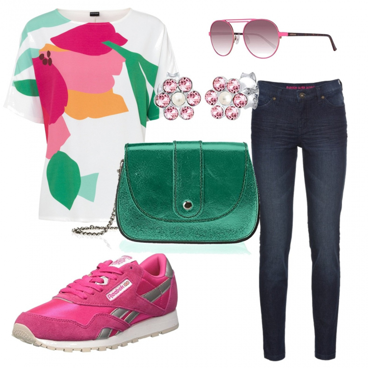 Outfit donna - Blusa e scarpe da ginnastica. Stile Basic per Ufficio. Abbinamento con jeans skinny, bluse, scarpe sportive, occhiali da sole, borse a spalla, orecchini.
