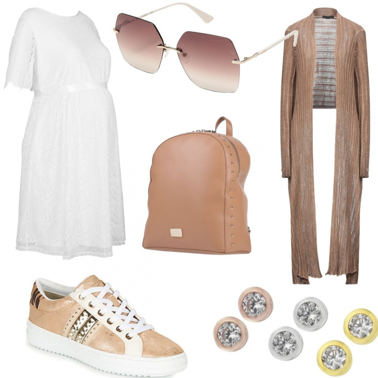 Outfit donna - Trendy #29088. Stile Trendy per Tutti i giorni. look ideale per Premaman. Abbinamento con vestiti, zaini, cardigans, occhiali da sole, sneakers, orecchini.