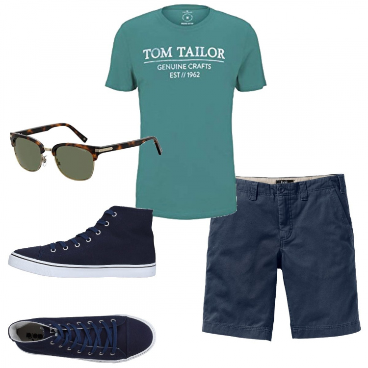 Outfit uomo - Casual #10922. Stile Casual per Tutti i giorni. Abbinamento con bermuda, sneakers alte, t-shirt, occhiali da sole.