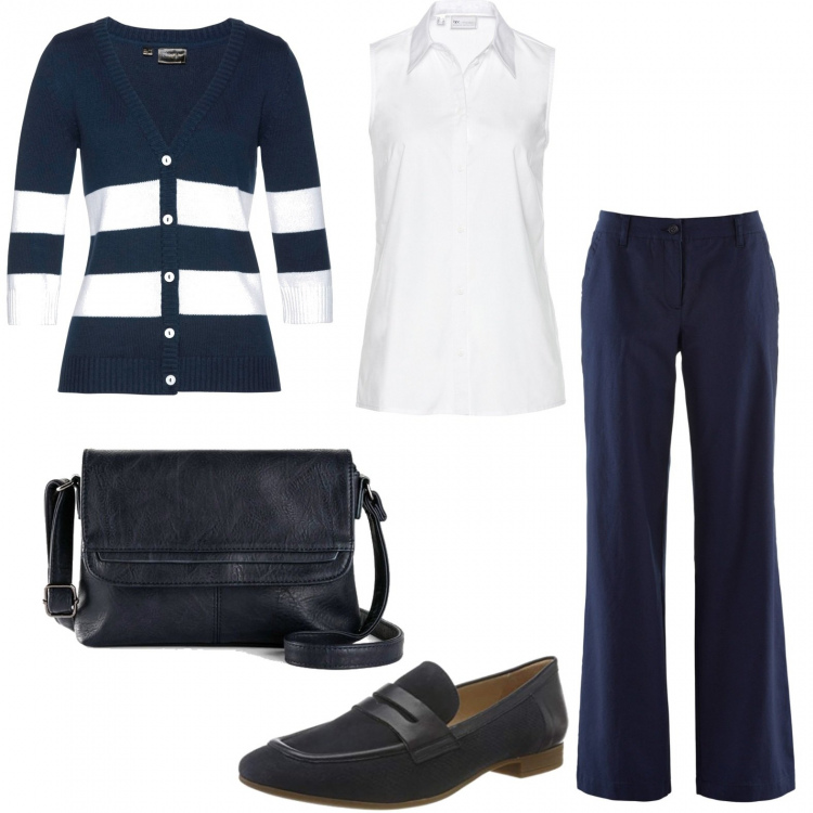 Outfit donna - Per Giovanna. Stile Basic per Ufficio. Abbinamento con pantaloni, cardigans, camicie, borse a tracolla, mocassini.
