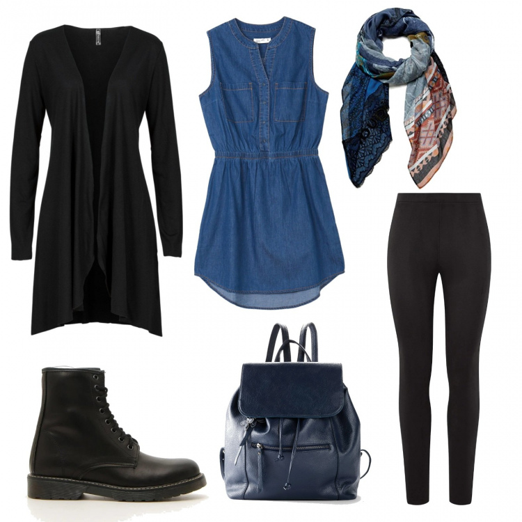 Outfit donna - Quando vuoi sentirti libera. Stile Trendy per Tutti i giorni. Abbinamento con cardigans, zaini, vestiti corti, leggings, sciarpe, anfibi.