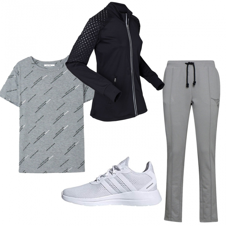 Outfit donna - Una bella camminata. Stile Basic per Sport. Abbinamento con giacche sportive, pantaloni, t-shirt, sneakers.